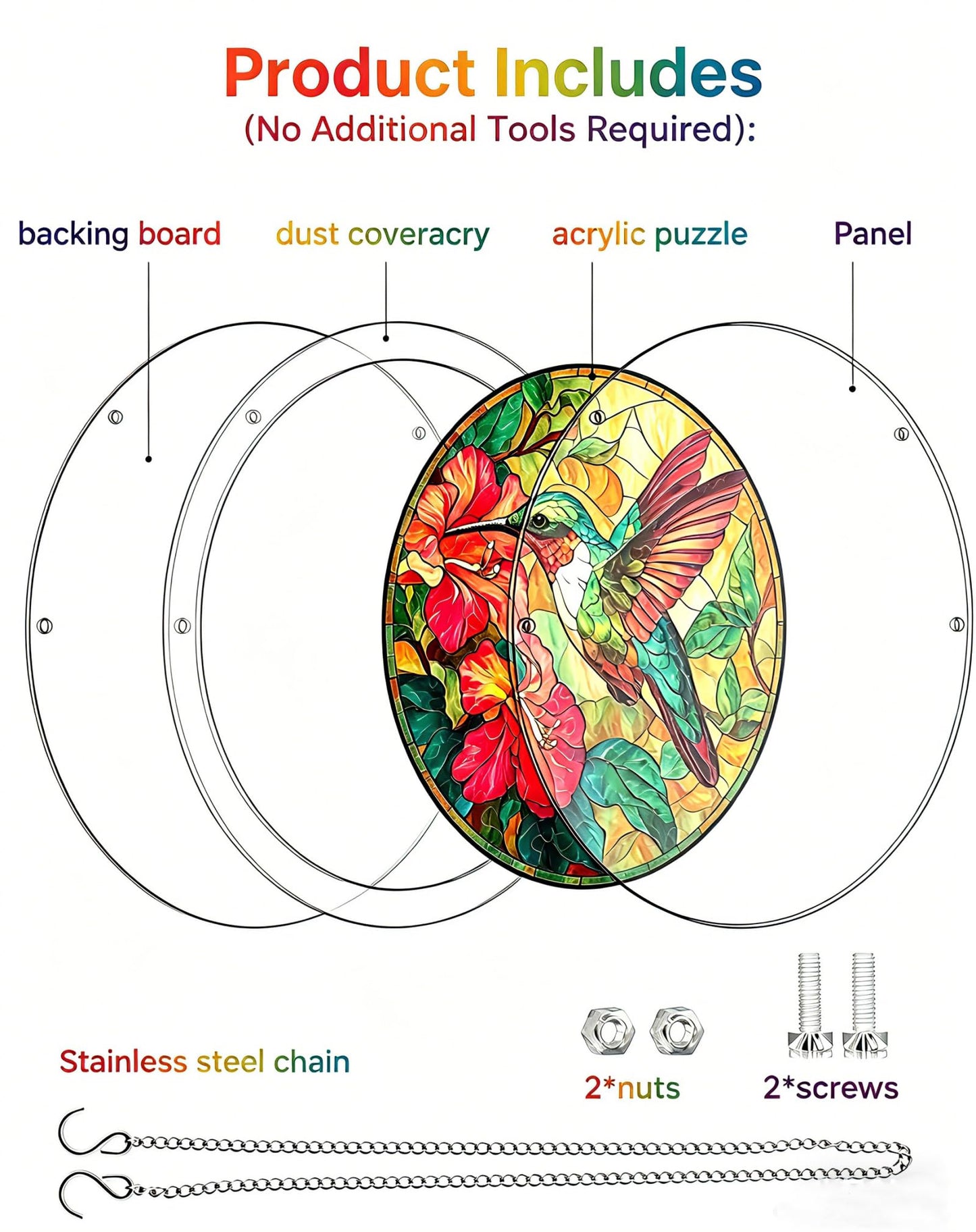 FINEED Acrylic Jigsaw Puzzle Suncatcher, 83 Pcs Stained Glass Window Hanging, Emerald Flame Hummingbird DIY Sun Catcher with Metal Chain, Garden Home Decor, Creative Gift for Women Mom Wife Grandma