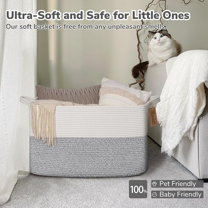 Goodpick Woven Storage Baskets for Organizing 22”x17”x12” Large Blanket Basket for Living Room Home Decor, Rectangle Rope Toy Basket for Kids, Gift Baskets Empty with Handles, Gray