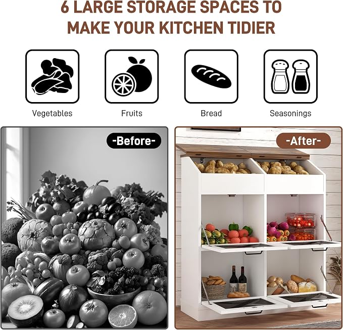 Potato And Onion Storage Bin with Lid,Veggie Bin W/6 Large Storage Box.Root Vegetable Storage Box For Kitchen,Farmhouse Potato Storage Bin W/4 Mesh Doors,Bread Keeper for Toast,Bagel,Donut,Cookies