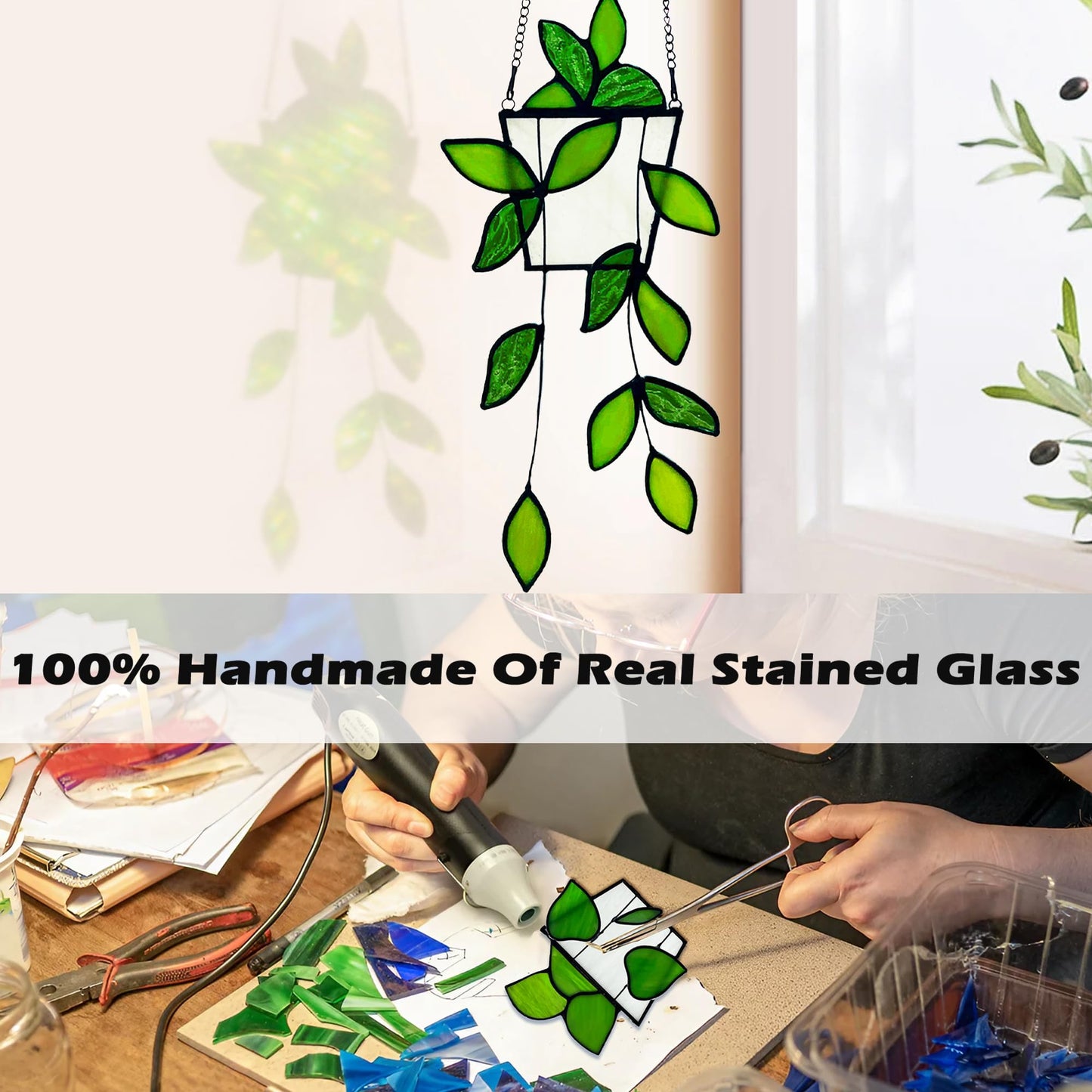 Plant Stained Glass,Stained Glass Window Hanging,Real Handmade Suncatcher,Artificial Green Plants Decor for Women Mom Grandma Plant Lovers,Sun Catcher for Home Windows