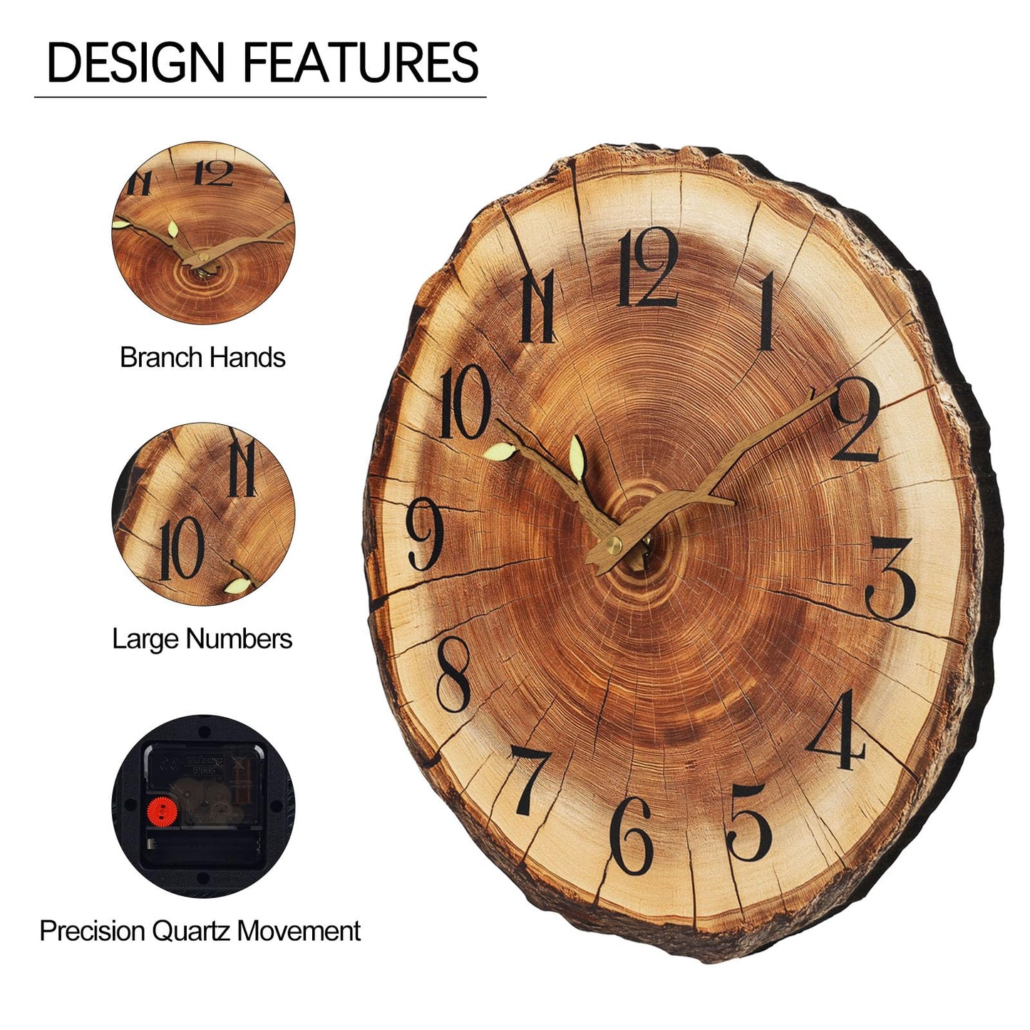 JoFomp Annual Ring Wooden Wall Clocks Battery Operated, 12 Inch Silent Wall Clock Non Ticking, Rustic Wall Clock Decorative, Wood Wall Clocks for Living Room Decor Bedroom Kitchen Home Office