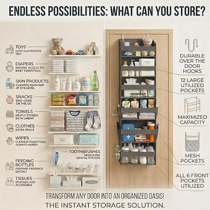 HOMELUX THEORY UPGRADED 6 Tiers Over The Door Organizer Hanging - 100D EXTRA THICK & 50lbs HUGE CAPACITY, 12 Side Mesh Pockets Over The Door Shoe Organizer, Hanging Closet Organizer (Dark Gray, 1pc)