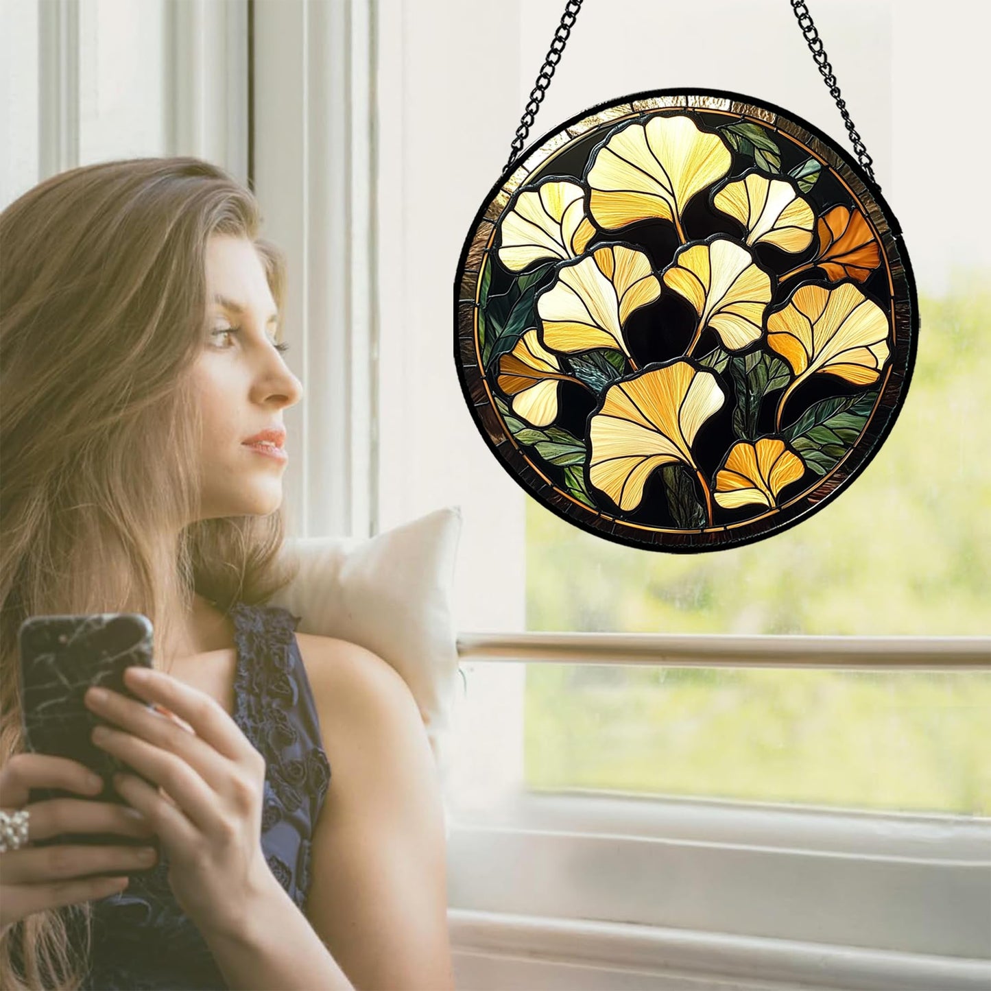 CRISGIF Stained Glass Window Hanging - Ginkgo Leaf Suncatcher for Doors Garden Patio Retro Fall Decor Sun Catchers Christmas Mother's Day Birthday Gifts for Women Men Mom Nana Friend 9.8 in