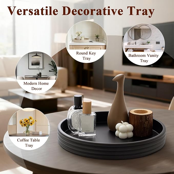 YMXYJM Round Decorative Tray - Modern Coffee Table Tray Decor, Resin Home Decor for Living Room & Bedroom. Multi-Functional Coffee Table Centerpiece with Anti-Slip Pads - 11x1.5 Inch Key Trays - Black