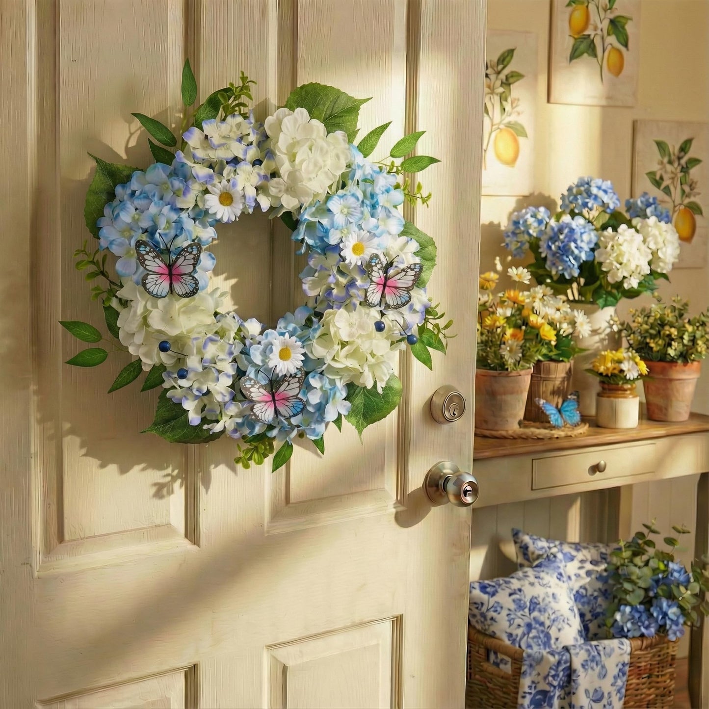 Valery Madelyn Spring Wreaths for Front Door with Lights, Silk Blue White Hydrangeas Floral Summer Wreath with Eucalyptus Leaves Butterfly for Home Porch Window Wedding Arch-18''