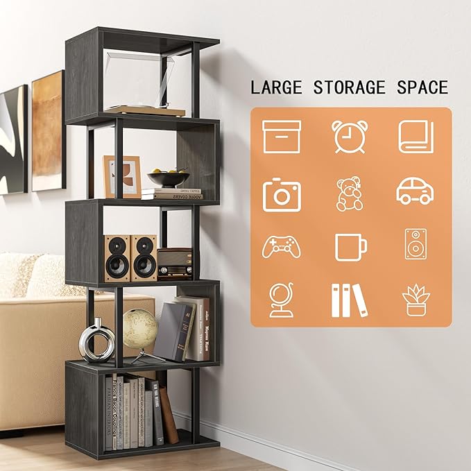 Furologee 6 Tier Bookshelf Tall Geometric Bookcase, S Shaped Industrial Display Standing Shelf, Metal and Wood Decorative Storage Room Divider Rack for Bedroom, Living Room, Office, Light Black Oak