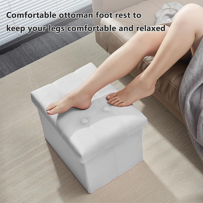 AmasSmile Storage Ottoman Foot Rest Stool, 17 inch Velvet Footstool Bench, Short Ottomans Stool, Small Folding Storage Ottoman Store Books, Records,White