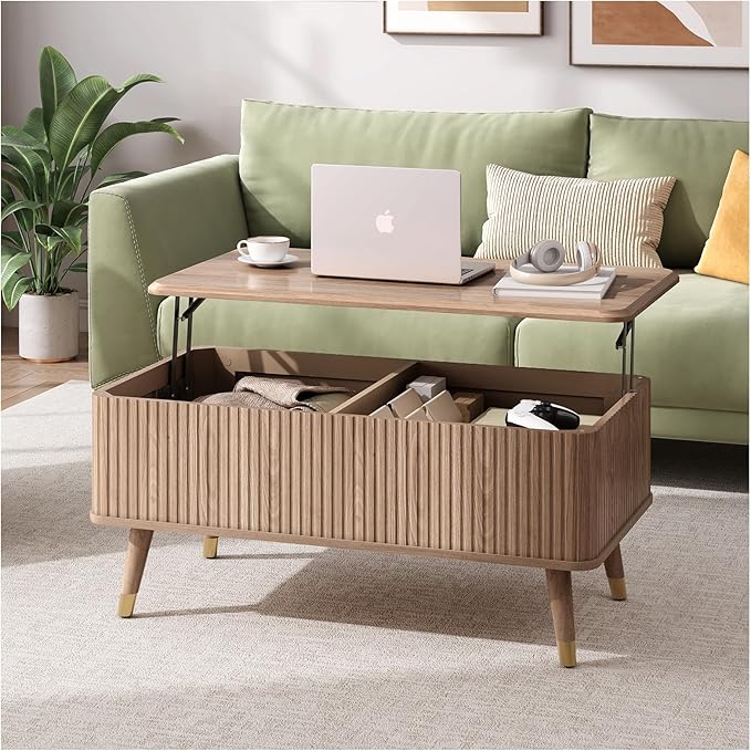 JOINICE Lift Top Coffee Table with Storage,Natural Wood Center Table for Living Room, Modern Farmhouse Oak Fluted Design,Pop-Up Desk for Work & Dining