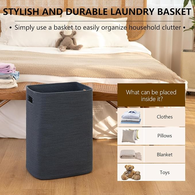 OIAHOMY Laundry Hamper, Laundry Basket，Rectangle Cotton Large Blanket Storage Basket for Living room,Bedroom Woven Decorative Storage for Toys,Clothes,Pillows-16x13x22in-Blue