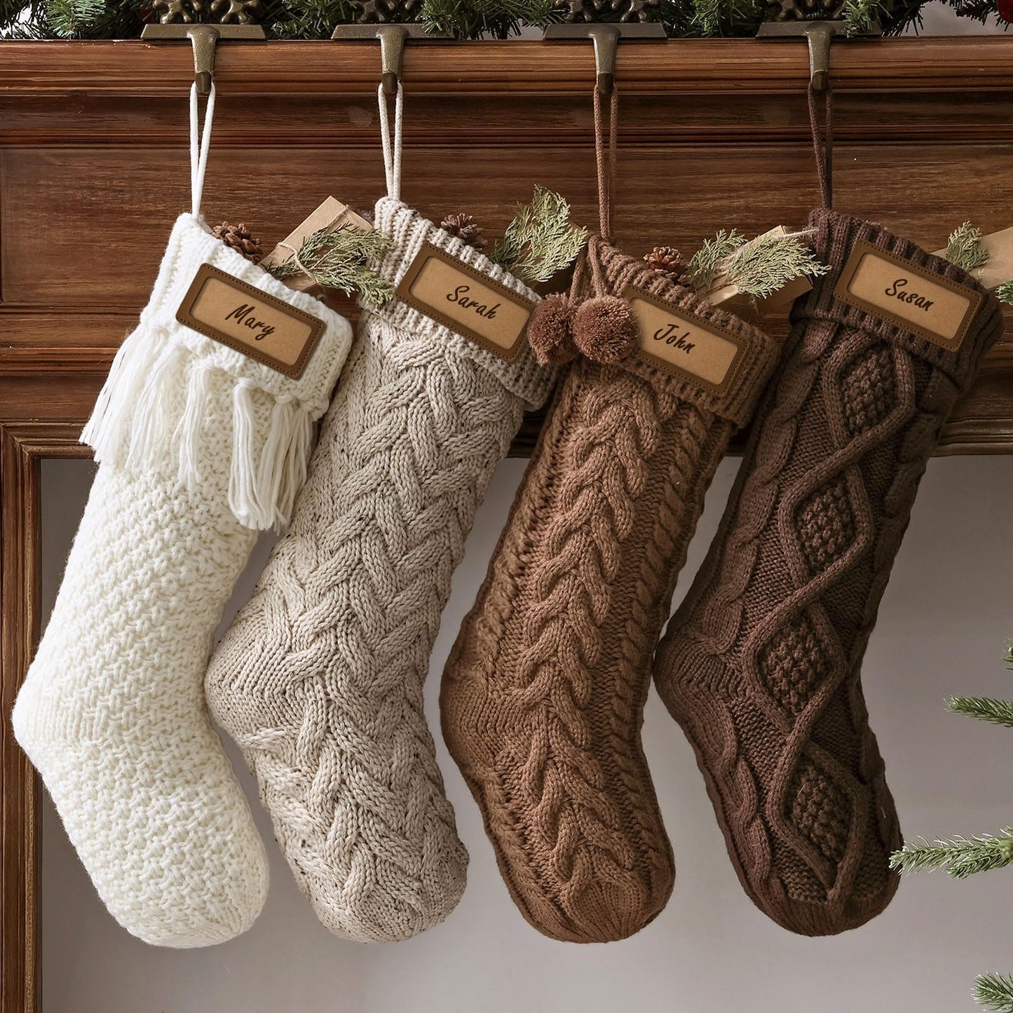 Farmhouse Knitted Personalised Christmas Stockings: 4 Pack 18 Inch Rustic Neutral Cable Knit Fireplace Stockings, Rustic Cozy Hanging Xmas Stocking Decorations for Family Holiday Décor, Earth Tones