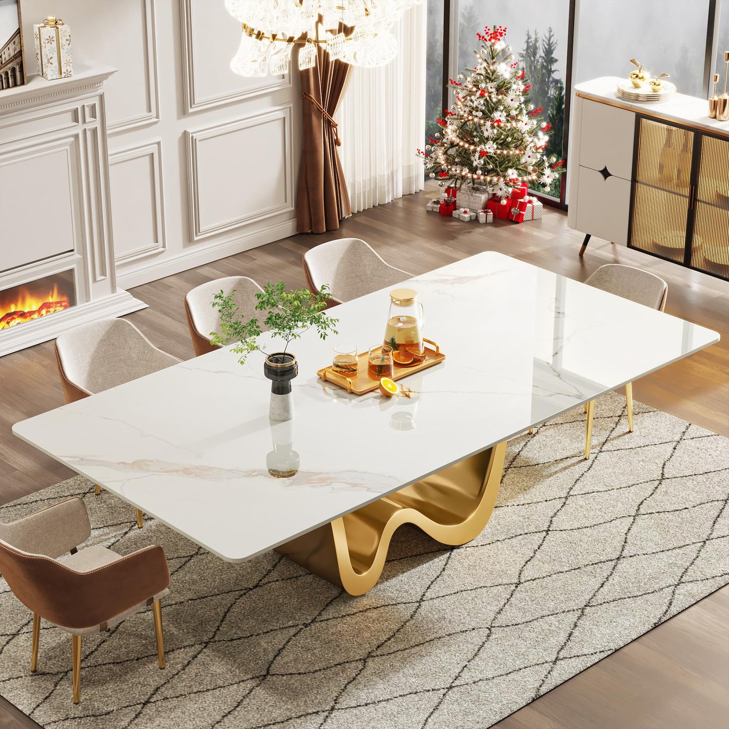 Tribesigns 78.74" Sintered Stone Dining Table for 6-8, Modern Rectangle Dining Table, Luxury White & Gold Kitchen Table with Stone Slate Katakin Tabletop & W-Shaped Stainless Steel Base (Only Table)