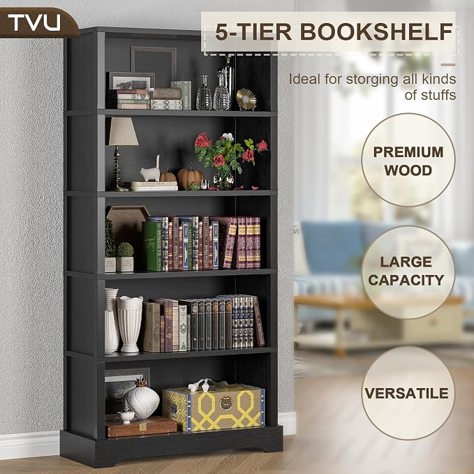 TVU 5-Tier Wooden Bookshelf, 65" Tall Farmhouse Style Open Bookcase, 31.5" W Standing Book Shelf with Storage, Suitable for Study, Living Room, Office, Blcak