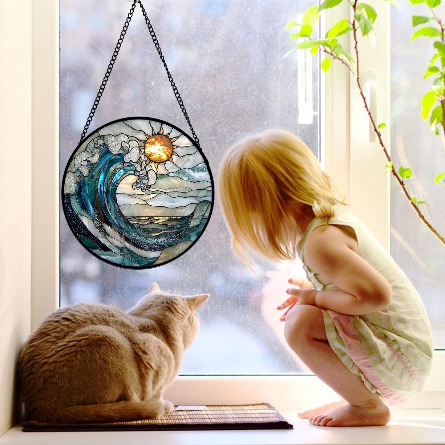 DASTOLL Stained Glass Window Hanging, Blue and White Waves Suncatcher Diamond Glass Panel Landscape Sun Catchers Decor for Birthday for Women, Men, Wife, Aunt, and Mom 7.8 in
