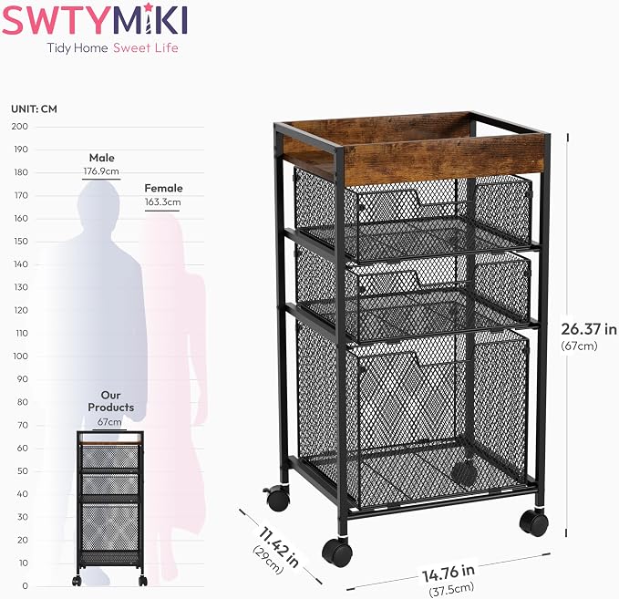 SWTYMIKI Rolling File Cart with Drawers - 4 Tier Under Desk Storage Craft Rolling Organizer Cart - Office Storage &Organization, Mobile Metal Filing Cabinet for Office and Home Espresso