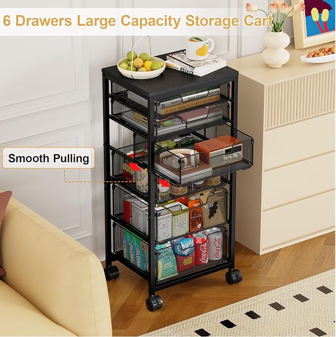 Sbanmao 6 Drawers Rolling Utility Cart, Rolling Storage Cart with Wooden Tabletop, Storage Drawer Cart on Lockable Wheels, Craft Cart for Bedroom, Classroom, Office, Black