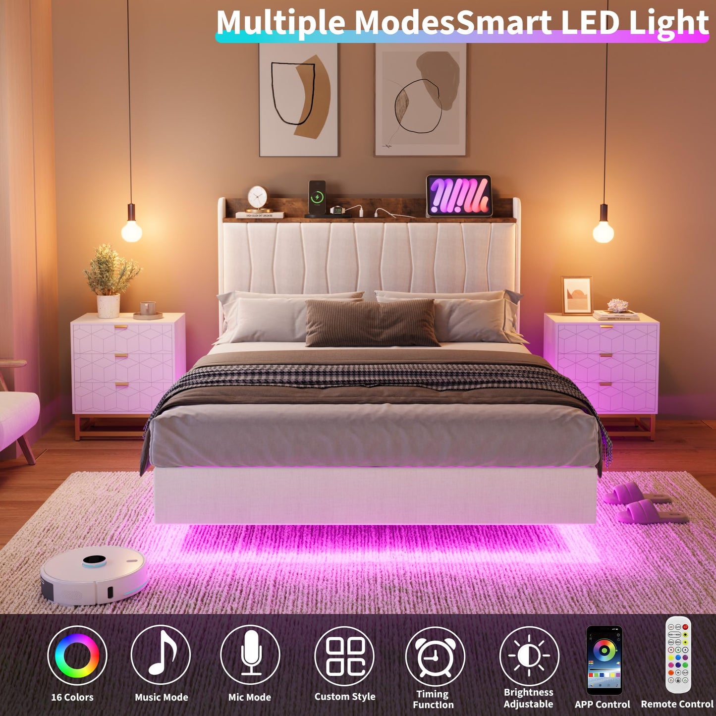 GarveeHome Floating Bed Frame King with LED Lights & USB Charging Station – Modern Upholstered Platform Bed with Headboard, Solid Wood Slats Support, No Box Spring, Easy Assembly, Noise-Free, White