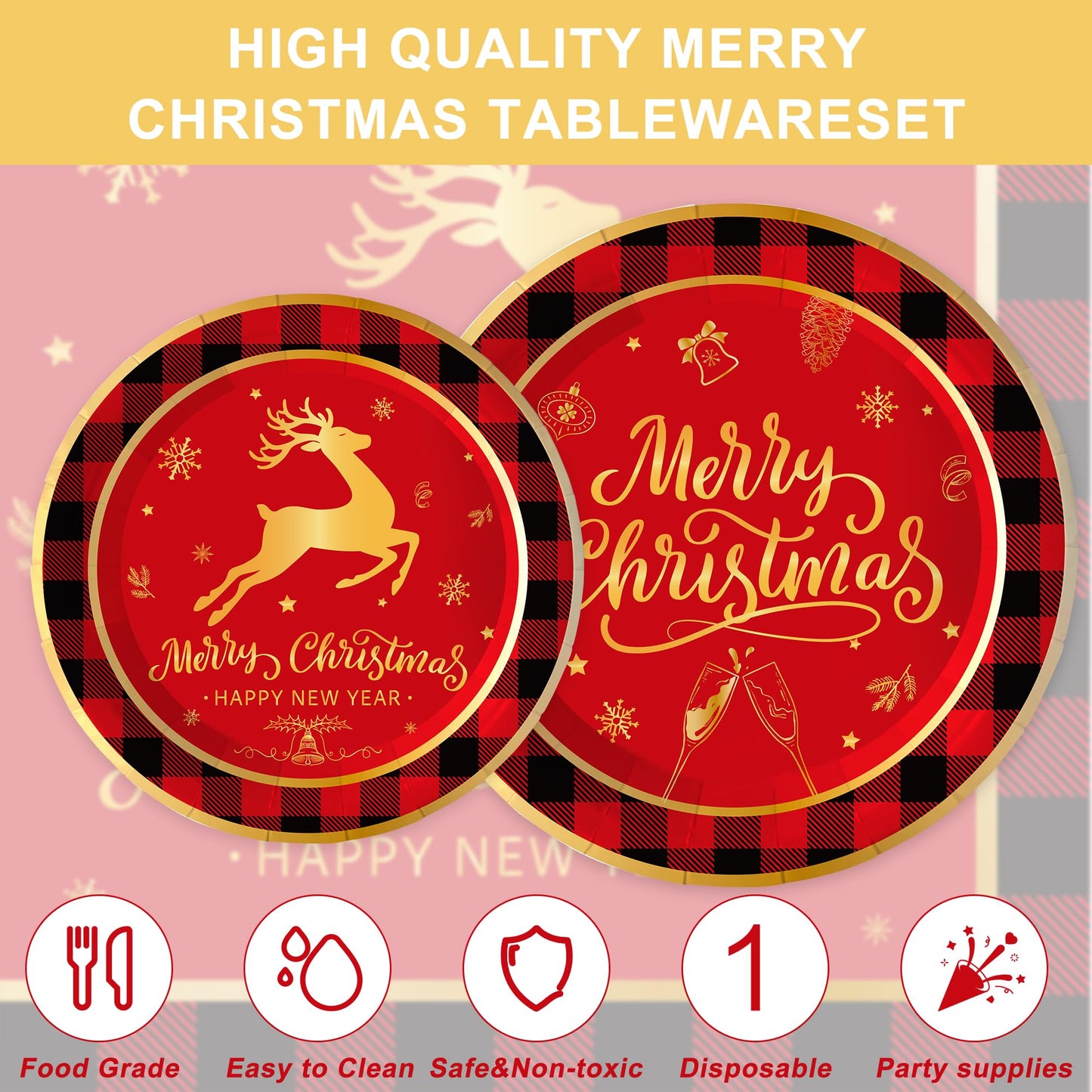 123PCS Christmas Party Supplies for 20 Guests Merry Christmas Themed Paper Plates Napkins Tablecloth and Banner Dessert Xmas Deer Party Decorations New Year Festival