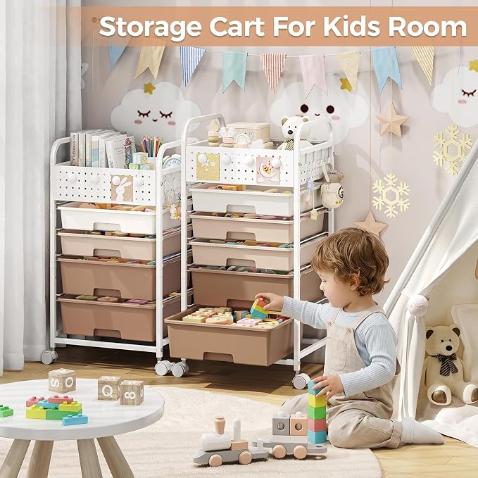 4 Drawer Rolling Storage Cart with Pegboard Top and Hooks, Mobile Organizer Cart with Wheels for Office Supplies, Craft Storage, Classroom Organization, Home Utility Cart, Brown