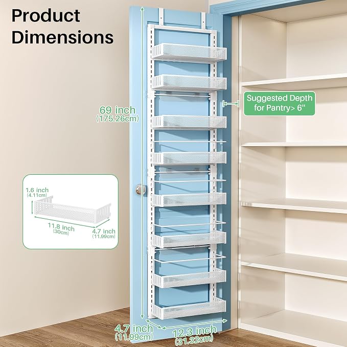 8 Tiers Over the Door Organizer - Height Adjustable Pantry Organizers and Storage with Dense Mesh Baskets, Anti-Swing Hanging Door Spice Rack for Kitchen Bathroom (White, 12.3"W x 4.7"D x 69"H)