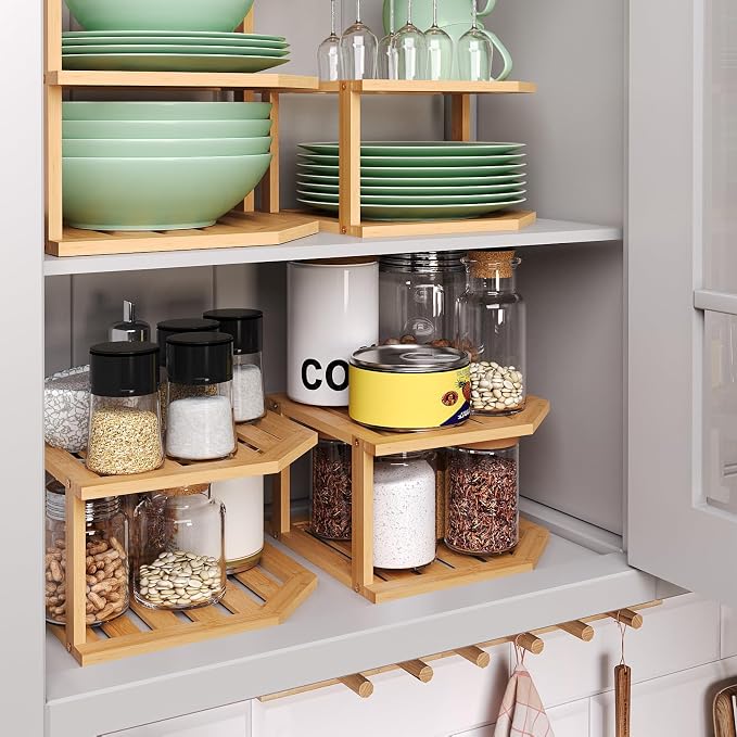 VERTORGAN Bamboo Corner Shelf(3 Pack),2 Tier Plate Organizer for Cabinet and Countertop,Pantry Dish and Spice Rack for Kitchen