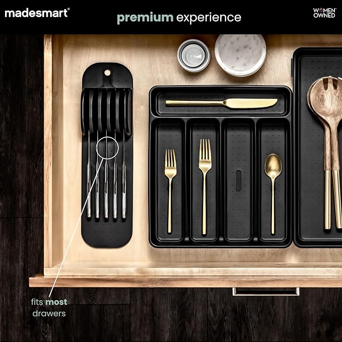 madesmart Knife Mat, Compact Soft-Grip Slot Organizer for 5 Knives, Non-Slip Drawer Insert Protects Blades and Maximizes Space, Carbon