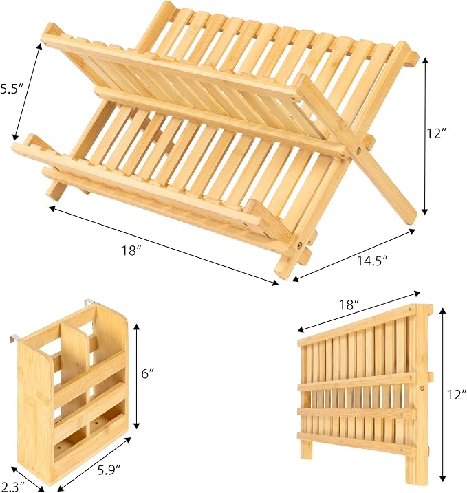 happimess DSH2000A Arlen Farmhouse Bamboo Foldable 2-Tier Dish Drying Rack with Detachable Utensil Holder, Natural
