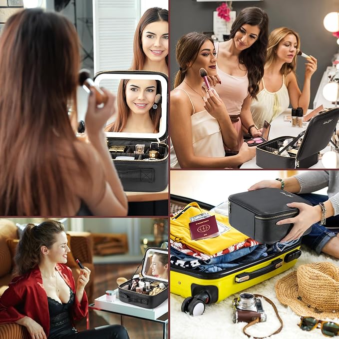Extrei Gent Makeup Travel Train Case with Mirror LED Light 3 Adjustable Brightness Large Cosmetic Bag Portable Storage Adjustable Partition Waterproof Makeup Brushes Make up Jewelry Gift for Women