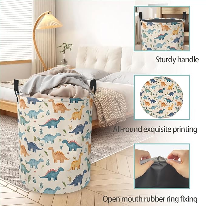 Laundry Basket With Handle, Dirty Clothes Laundry Hamper, Oxford Cloth Bin Storage Organizer for Toy Collection (Cute Dinosaur)