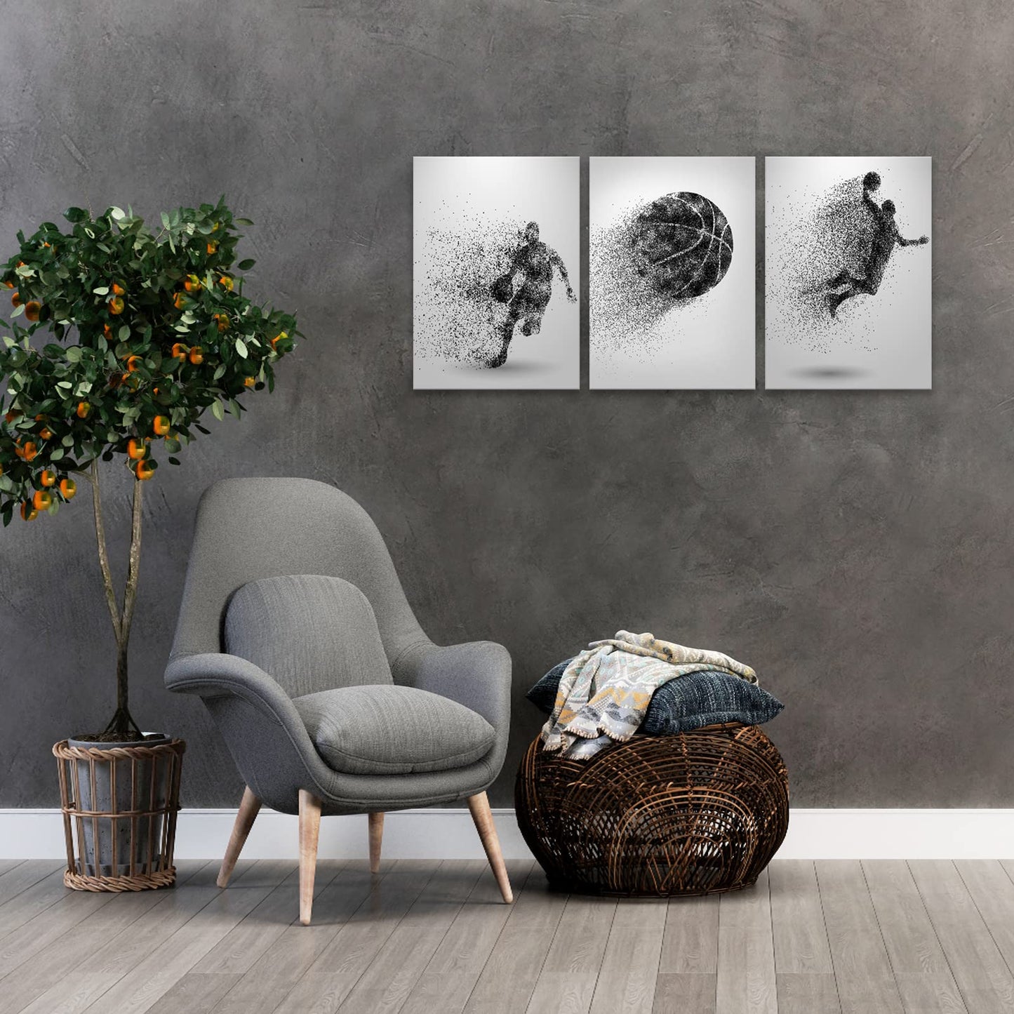Basketball Canvas Wall Art - Black and White Sports Poster - Particle Silhouette - Set of 3 Framed Ready to Hang