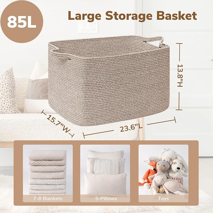 Goodpick Blanket Basket, Woven Baskets for Storage, Extra Large Storage Basket for Clothes, Toys, Dirty Clothes Basket for Laundry, Living Room, 23.6" x 15.7" x 13.8", Brown, 85L