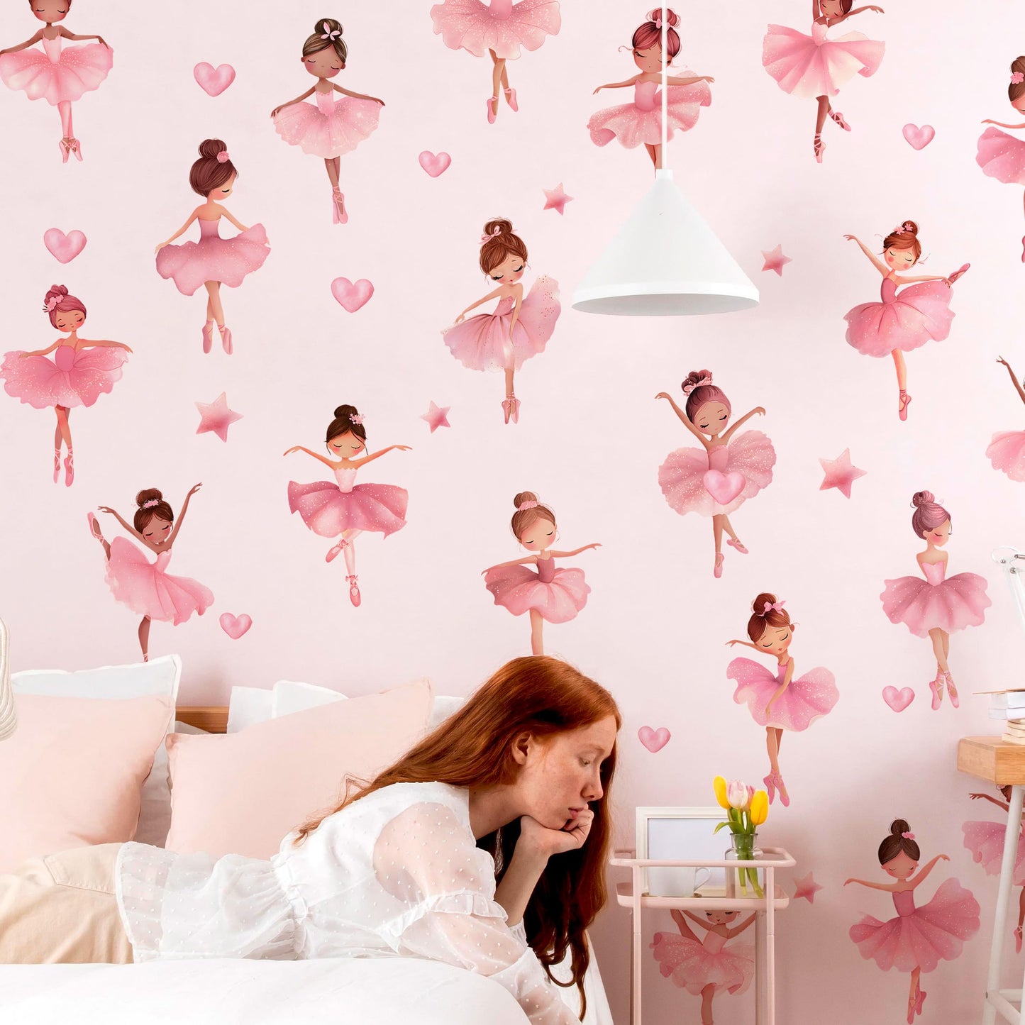 Ballerina Girls Wall Decals, Cute Dancing Girl Art Wall Sticker, Peel and Stick Pink Fairy Decor for Kids Gift Girls Bedroom Baby Nursery Kids Bedroom (Ballerina Girl Wall Sticker)