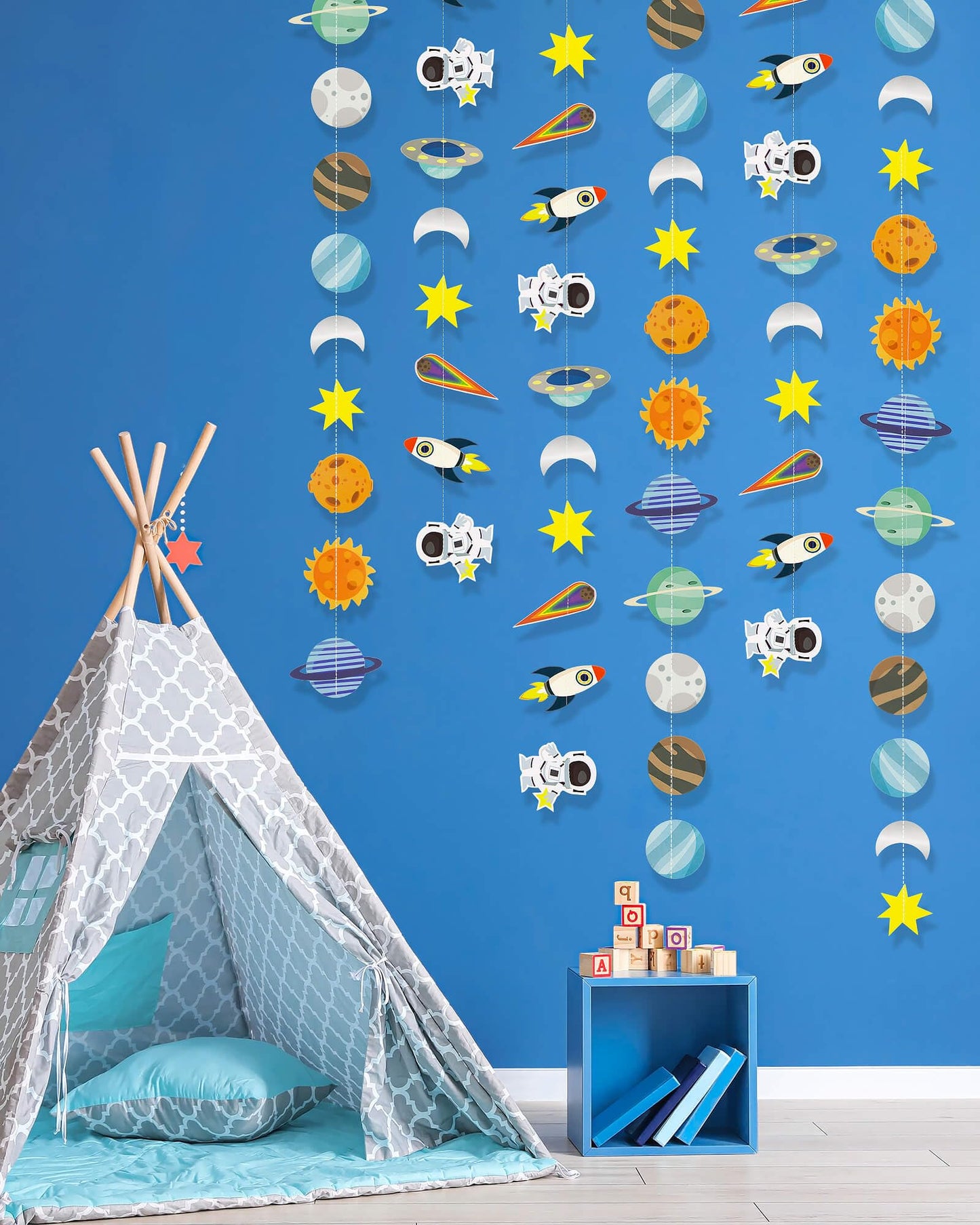 Galaxy Solar System Hanging Paper Garland, Astronauts Rockets Stars Hanging Decoration, Blast Off to Outer Space Banner for Kids Bedroom Birthday Party Decor Supplies