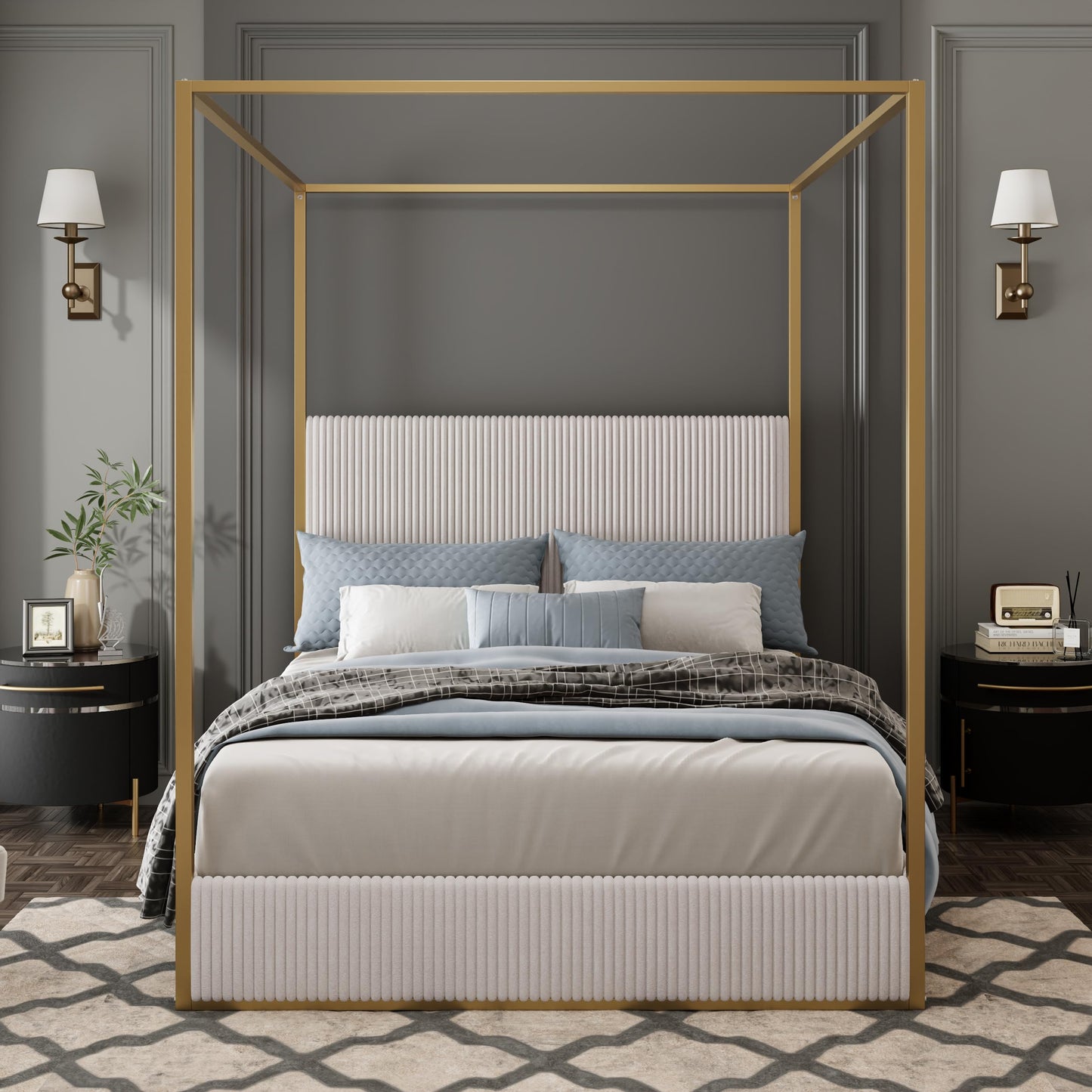 Merax Modern Luxury Queen Metal Canopy Bed with Tall Upholstered Headboard, Gold Four Poster Bed, No Box Spring Needed, Beige