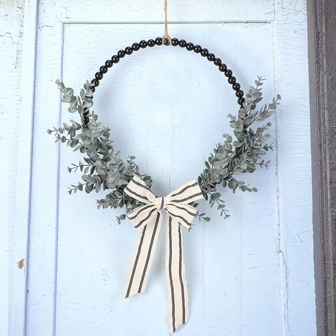 Wood Bead Eucalyptus Leaf Wreaths - 13 Inch Natural Greenery Wreaths Boho Wall Hanging Decoration for All Season Bedroom Room Rustic Farmhouse Home Indoor Outdoor Window Decor