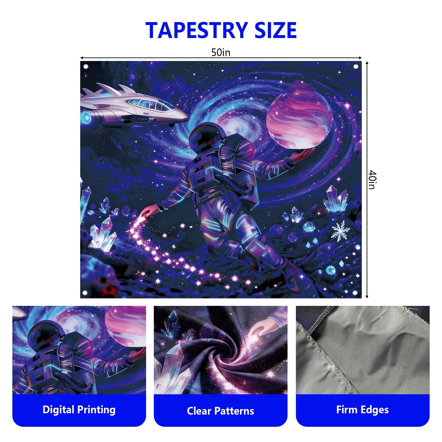 Kosydown Basic Astronaut Space Tapestry Glow in the Dark Room Decor Wall Tapestries, Cool Galaxy Planet Wall Hanging for Men Guys Gamer Room Dorm Living Room 50" L x 40" W