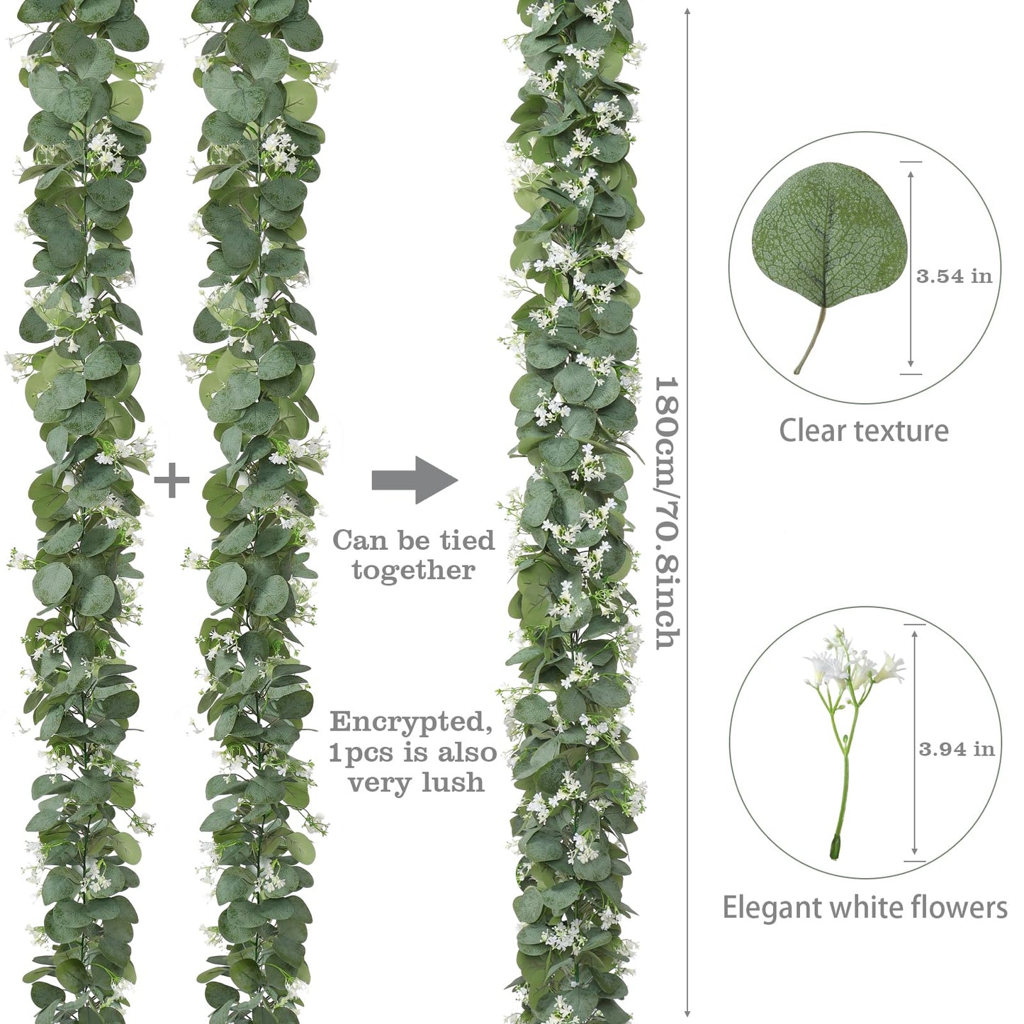 KHOYIME Eucalyptus Garland with White Flowers, 4 Packs 5.9Ft Artificial Silver Dollar Eucalyptus Leaves Plant Fake Greenery Hanging Ivy Vines Faux Wreath for Wedding Arch Party Mantle Table Home Decor