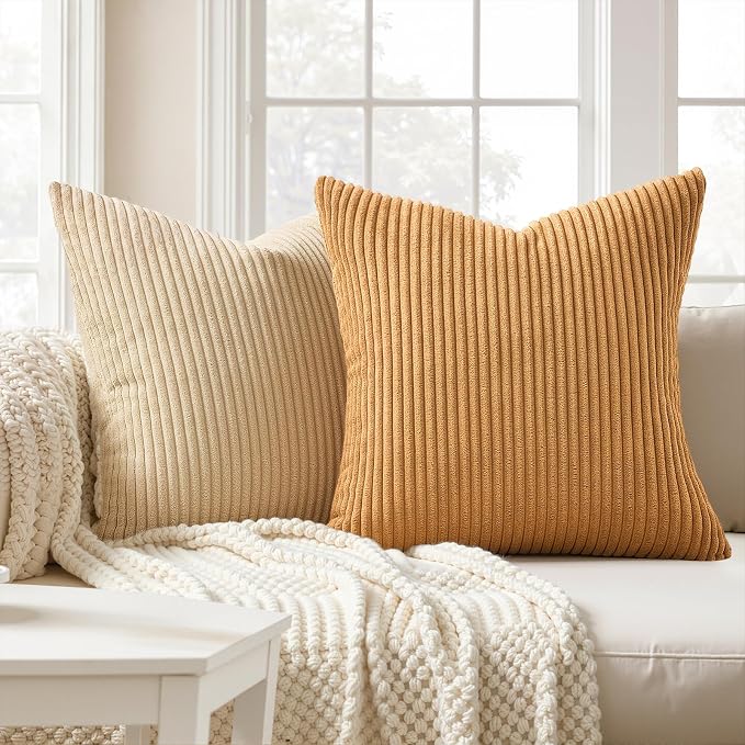 Topfinel Boho Throw Pillow Covers 18x18 Inch Set of 4 Soft Farmhouse Corduroy Striped Decorative Cushion Cover Yellow Brown Gradient Rustic Pillow Case for Sofa Couch Living Room Bedroom