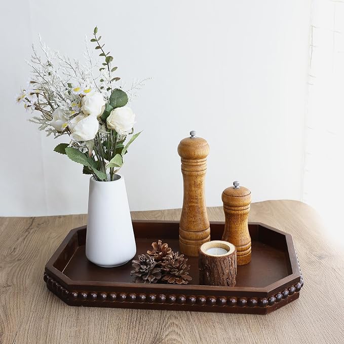Hrastany Retro Brown Wood Serving Tray with Beads, Farmhouse Decorative Tray for Table Centerpiece, Christmas Wedding Halloween Home Decor