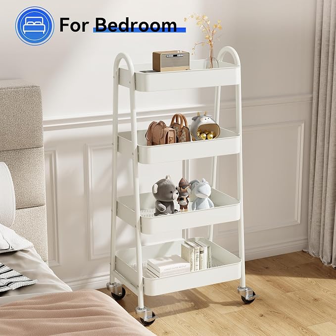 OLIXIS Metal 4 Tiers Utility Rolling Cart, Mobile Storage Shelf with Lockable Caster Wheels, Organization for Livingroom, Bathroom & Narrow Places, 4-Tier White