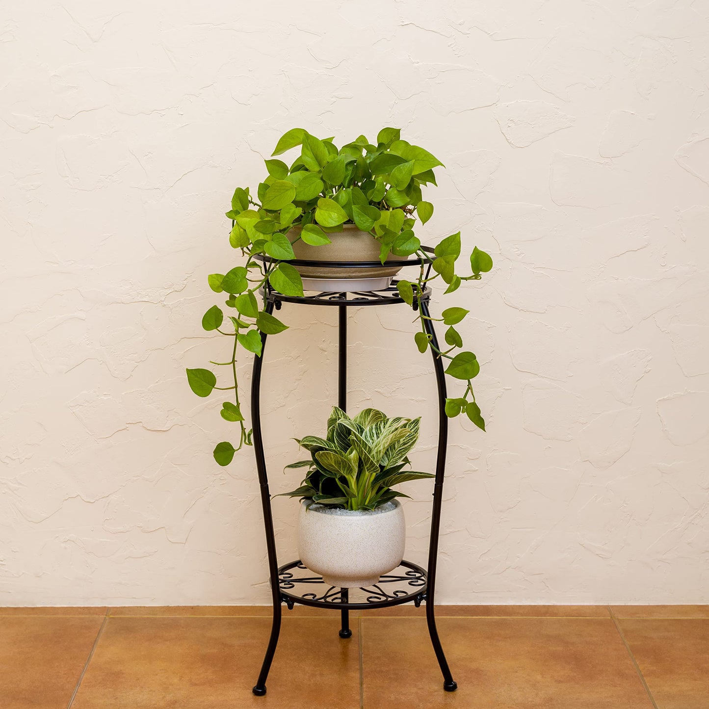 FaithLand Plant Stand, Metal Planter Holder Indoor Outdoor, 2 Tier Round Potted Supports Rack, Corner Display Shelf Black, Tall
