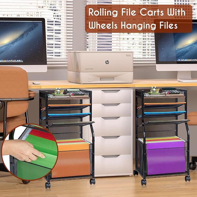 5-Tier Rolling File Cart with Lockable Wheels, Mobile File Cabinet for Hanging File Folders Sliding Trays, Under Desk Storage, Paper Organizer Utility Cart Filing Cabinet for Office, Home, School