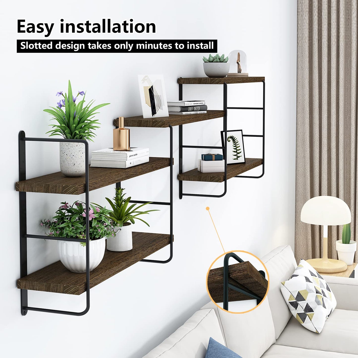 MXCSE Wall Shelves, Wall Mounted Bookshelves, DIY Floating Shelves for Wall, Wood Hanging Book Shelves for Room, Bedroom, Living Room, Easy Installation (Brown, 50W x 17H)
