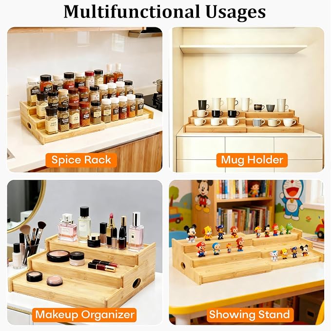 Expandable Can Rack Organizer for Pantry, 3 Tier Bamboo Adjustable Can Storage Holder, Soda Organizer Holds Up to 24 Cans, Canned goods Storage Display Shelf for Kitchen,Countertop, Cabinet