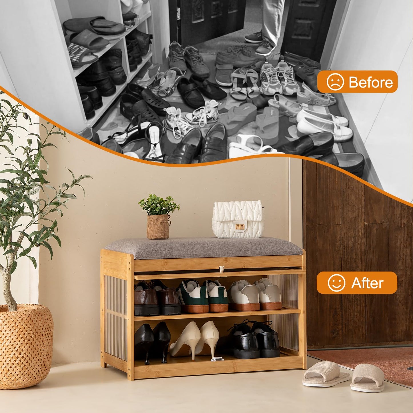 ZHUMUJIAJU Bamboo Shoe Storage Bench with Seat Cushion for Entryway, 27" Farmhouse Small Shoe Rack with Hidden Flip-Top Storage & Dustproof Acrylic Door, 2-Tier Narrow Shoe Cabinet Organizer, Natural