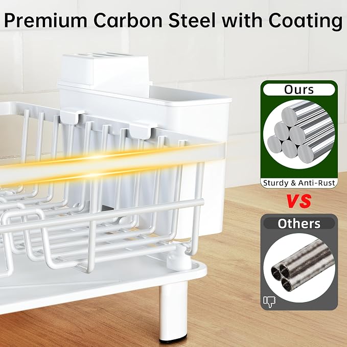 Dish Drying Rack, Dish Racks for Kitchen Counter, Detachable Dish Drainer with Drainboard, Utensil Holder, Cup Holder, Space Saving Kitchen Drying Rack for Small Home and Appartment, White