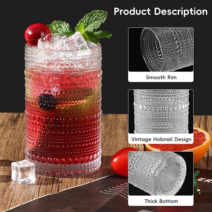 Moretoes Water Glass Cups Set of 2 Hobnail Drinking Glasses, Vintage Glassware 12 Oz Highball Glasses & 10 Oz Cocktail Glasses, Clear Embossed Tumbler Glassware Set for Whiskey, Beer, Juice, Milk