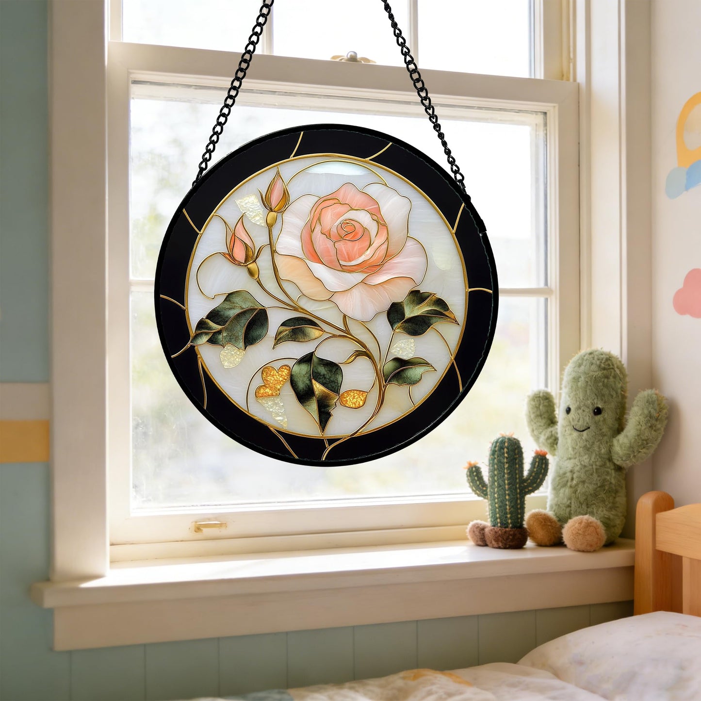 AMDERVEN Stained Glass Window Hanging - Black White Pink Rose Sun Catcher for Door Home Decor Flower Suncatcher Christmas Mother's Day Birthday Gifts for Women Men Lovers Mom Nana 15 in
