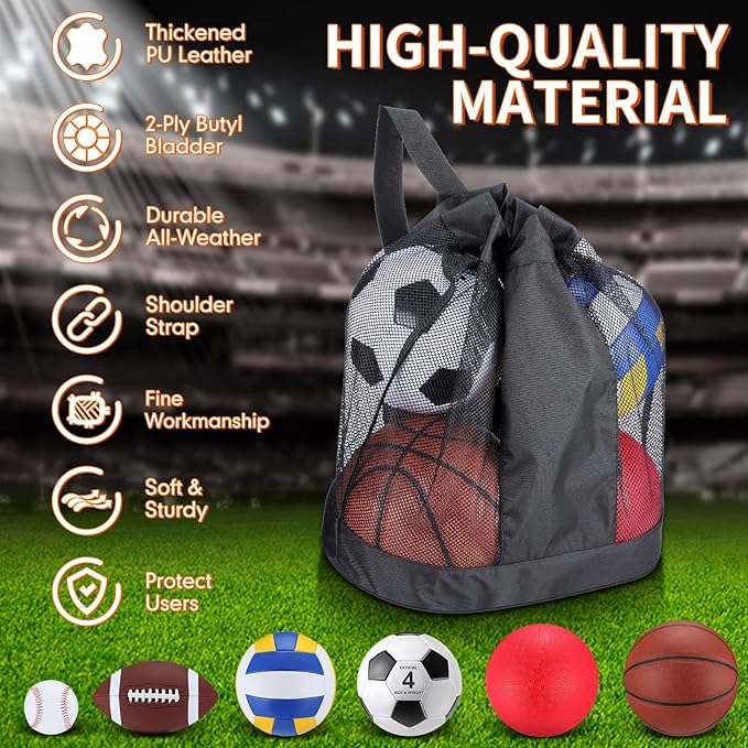 Leyndo 18 Pcs Sports Ball Set for Kids, Official Size Basketball Football Soccer Ball Playground Volleyball Baseball Outdoor Sport Equipment Bag and Pump Back to School Gift