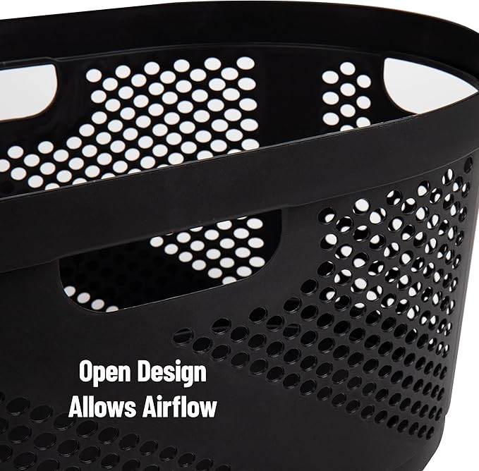 Mind Reader 40L Ventilated Laundry Baskets, Lightweight Clothes Hamper with Cutout Handles for Bathrooms and Closets, Plastic, Set of 2, Black
