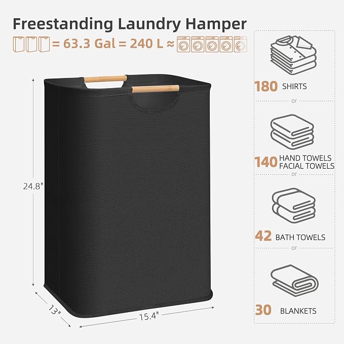 STORAGE MANIAC 3-Pack Large Laundry Hamper, 80L (21.1 Gal) Collapsible Laundry Basket with Bamboo Handles, Freestanding Waterproof Clothes Hamper for Laundry Room, Bedroom, Dorm, Towels, Black